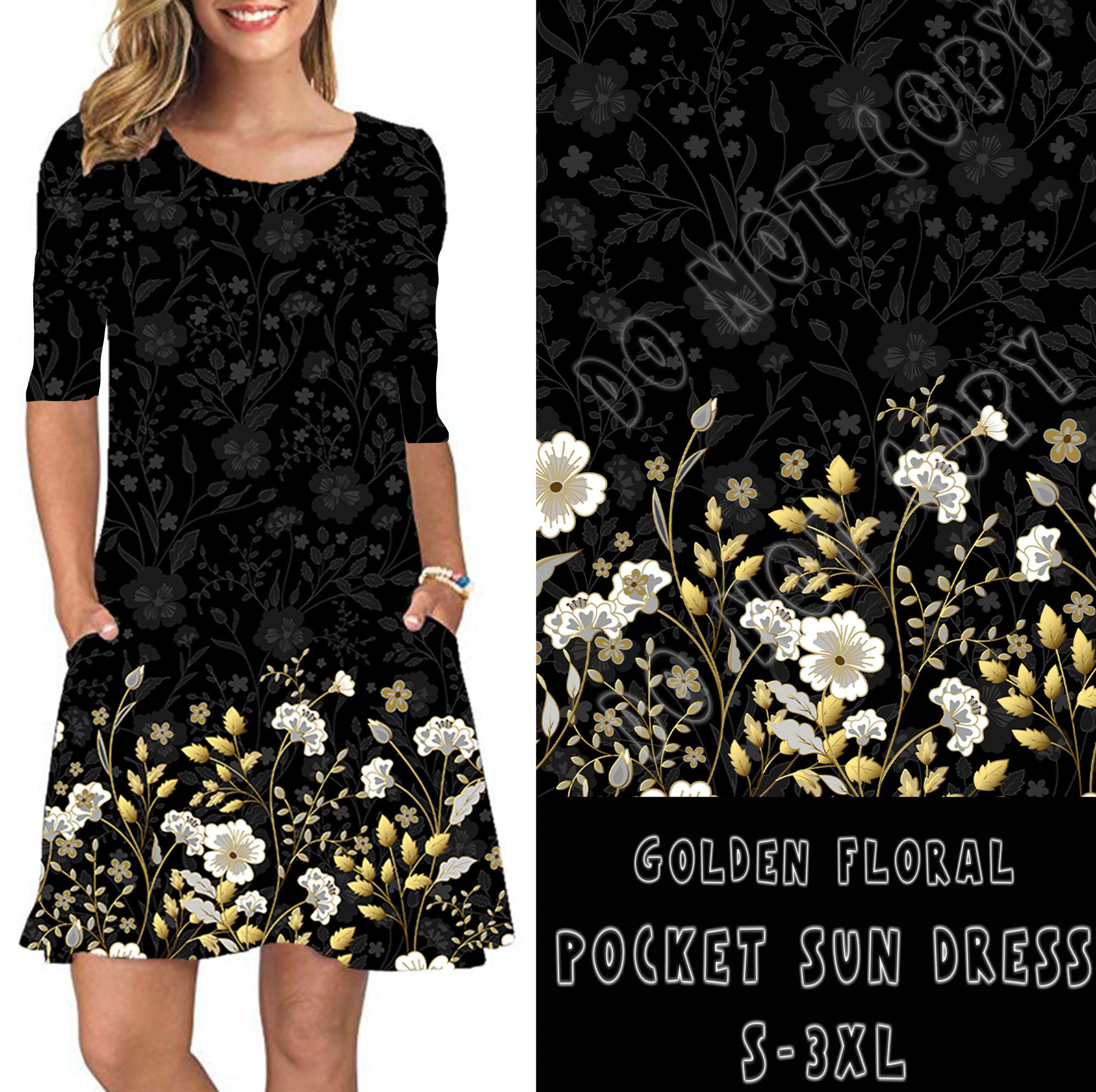 3/4 SLEEVE POCKET DRESS- GOLDEN DRIPPED FLORAL POCKET DRESS