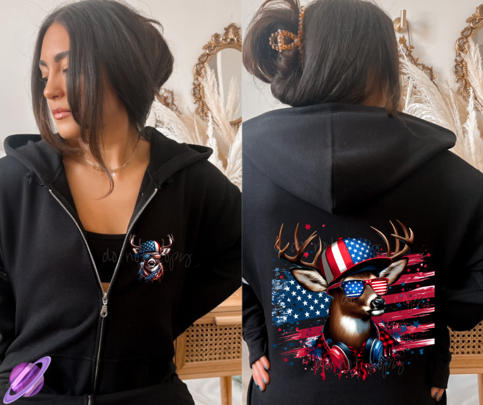 PATRIOTIC DEER - HEAVY COTTON FRONT ZIP UNISEX HOODIE PREORDER CLOSING 1/3